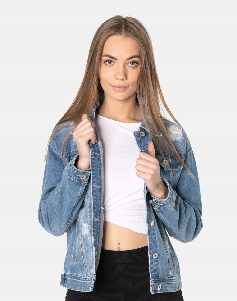 ripped jeans for women Blue Denim Jacket - Image 3
