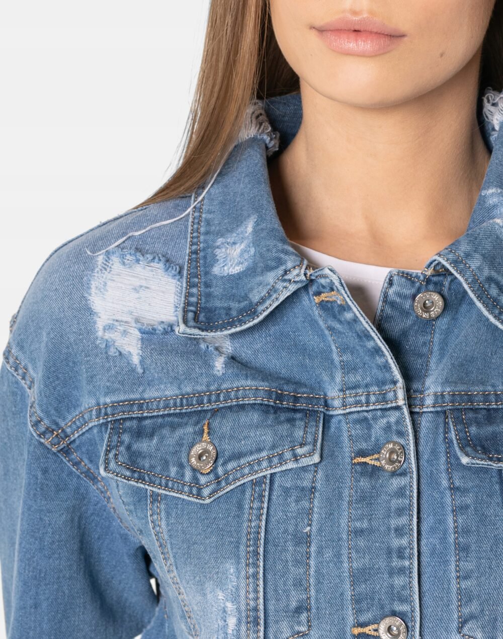 ripped jeans for women Blue Denim Jacket - Image 2